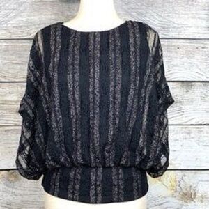 Elegant Black and Silver Striped Blouson Style Top Sz XL Timeless Lace Sparkle